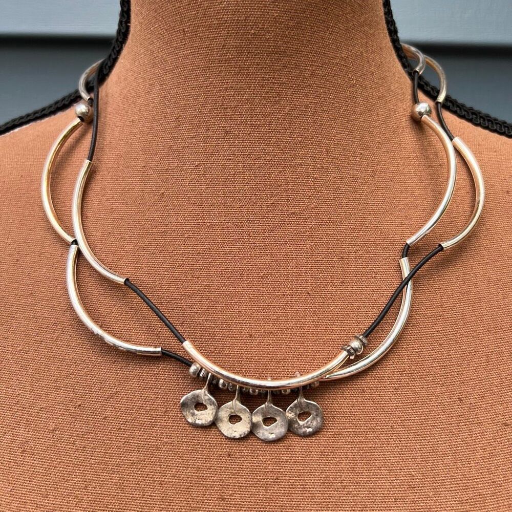 Lizzy James, Silver Noodle Beads, Brown Leather Cord Layering Necklace Pendants
